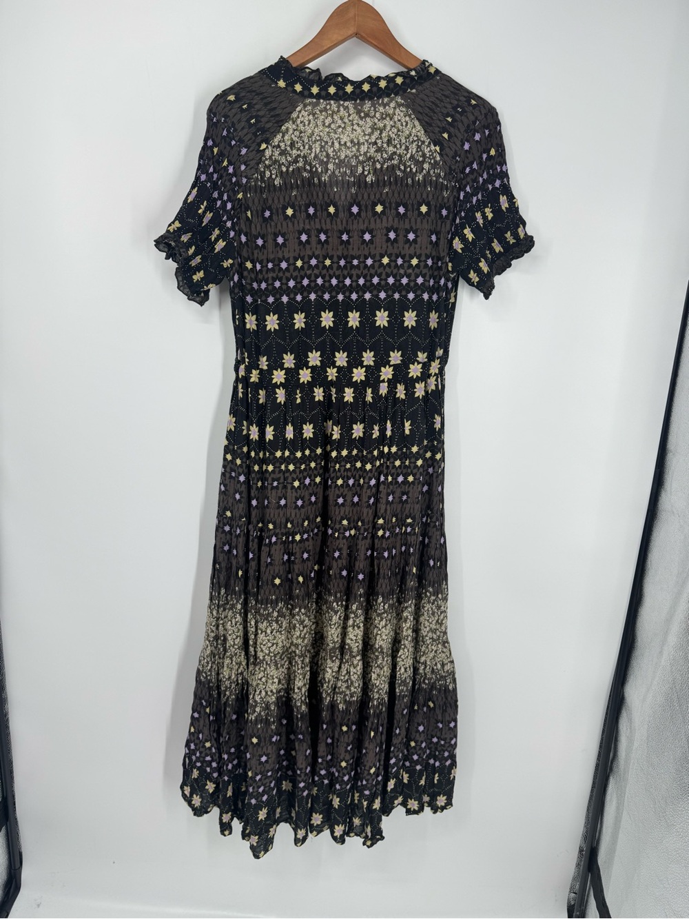 Free People Rare Feelings Black Floral Fringe Tie Ruffled Maxi Dress Boho Size L - Picture 9 of 13